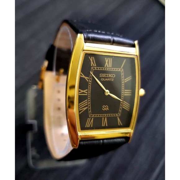 RARE Vintage Seiko New Old Stock Men's Classic Tank Barrel Gold Black Watch * - Picture 3 of 7